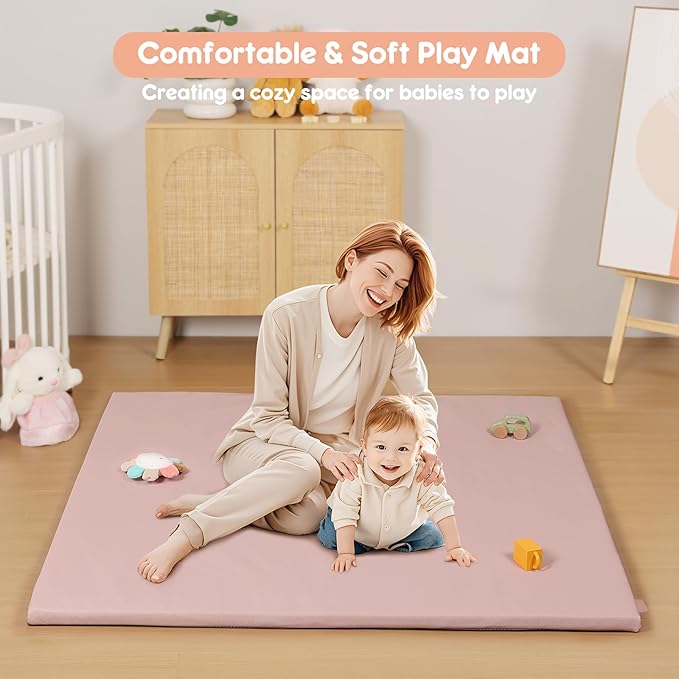 Padded Baby Play Mat, Super Soft Vegan Leather Floor Mat for Baby Girls and Boys, 48x48 Non-Slip Thick Foam Cushioned Play Mat for Babies 6-12 Months, Fits Nicely Into 50x50 Playpen Mat, Pink