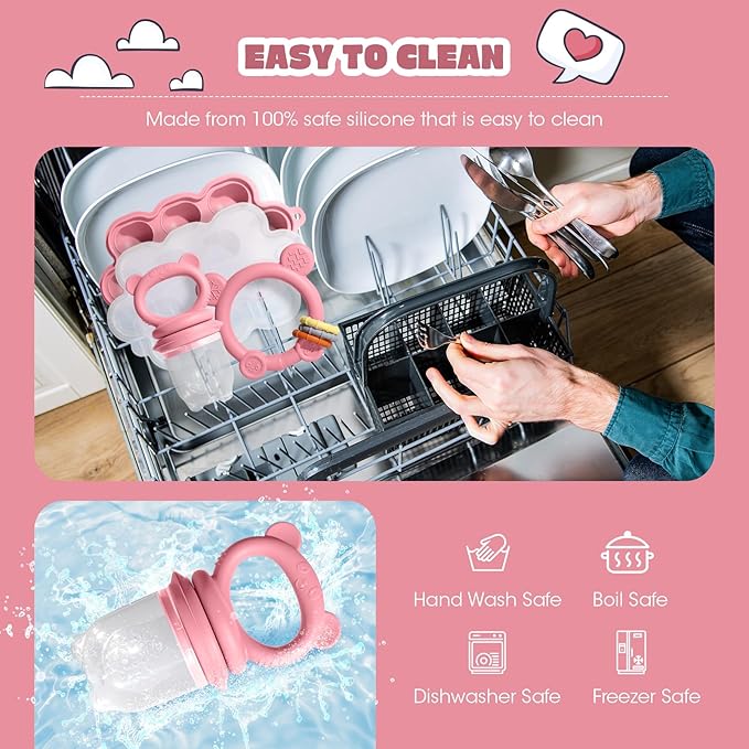 Baby Fruit Food Feeder & Breastmilk Popsicle Molds for Teething Relief, Baby Feeding Sets, 1 Freezer Tray with Lid & 1 Teether Toy & 1 Silicone Teething Pacifier Feeder, Extra Food Pouches (Pink)