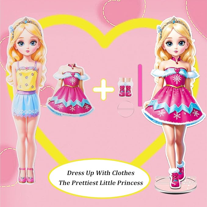 Yuzee Princess Magnetic Dress Up Games for Girls - Magnetic Paper Dolls for Girls Ages 4-7, 35 Piece Role Play Travel Toy Dress Up Set, with 3D Store Wardrobe Game Scene, Dress Up Games for Kids