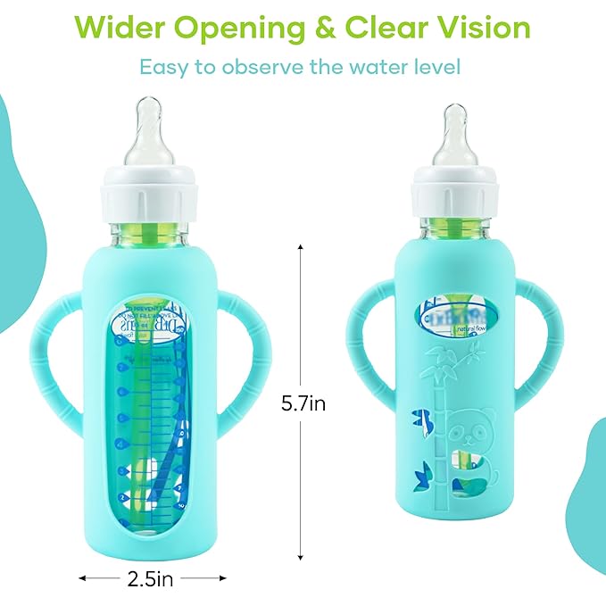 4 Pack Silicone Sleeves for Dr. Brown's Glass Baby Bottles, Anti Breakage Durable Baby Bottle Holder with Easy Grip Handles, Narrow Sleeve with a Cutout, Dishwasher/Freezer/Microwave Safe, 8 oz