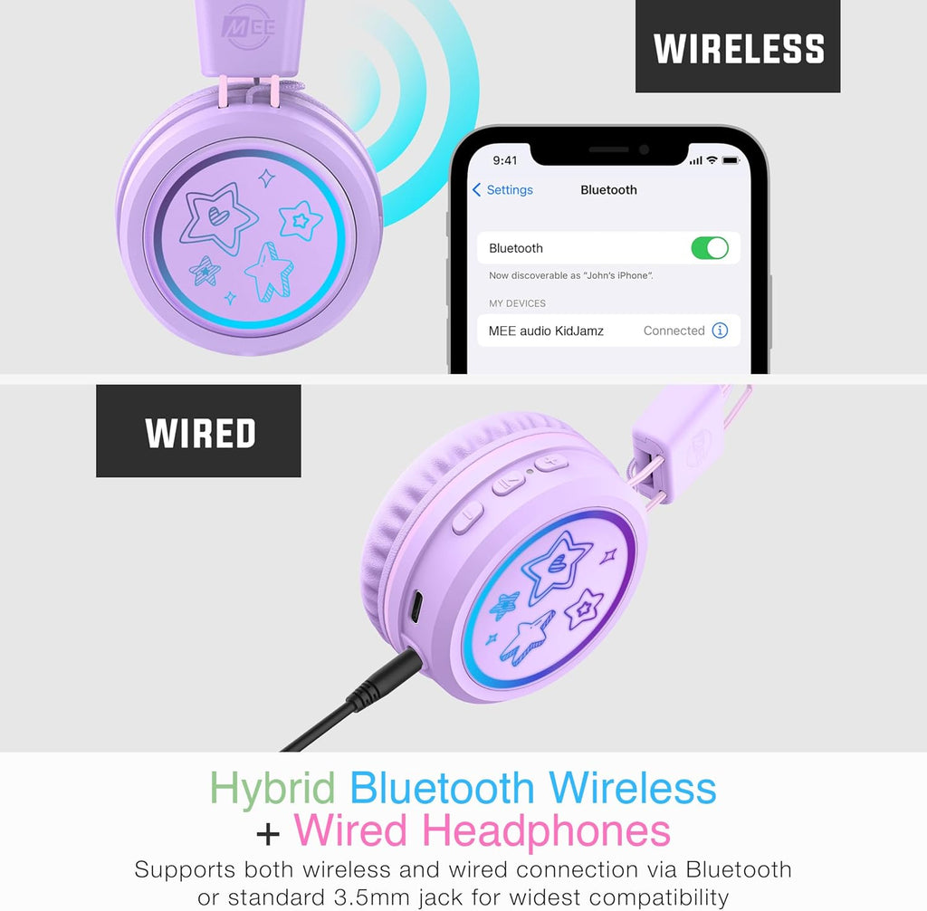 MEE audio KidJamz KJ55BT Personalized Bluetooth Wireless Safe Listening Headphones for Kids w/Custom LED-Backlit Design, Volume Limiter, Mic; Kids Headset for School/iPhone/iPad/Tablet (Lavender)