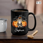 Customized Siberian Wearing Witch Hat Coffee Cup with Name, Personalized Siberian Cat Pumpkins Ceramic Mugs 11oz 15oz, Halloween Cat Cup Gift for Dad Mom Kid, Pet Owner Halloween Black Mug