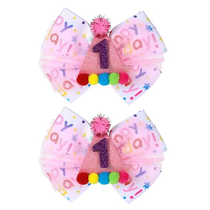 Birthday Hair Bow for Baby Girls 1 2 3 4 5 6 Year Old Sprinkle Hair Clips Happy Birthday Decorations for Girls Toddlers With Pom-Poms Ice Cream Candy Party Pink Hair Accessories for 1st Sweet Party