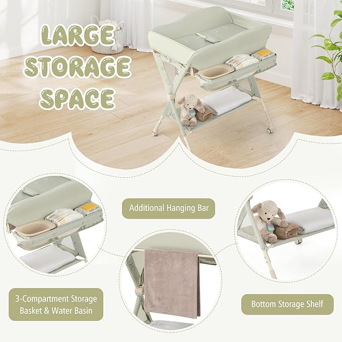 BABY JOY Portable Baby Changing Table, Foldable Diaper Changing Station w/Wheels, Adjustable Height, Large Storage Rack, Water Basin, Safety Belt, Mobile Nursery Organizer for Newborn Infant (Green)