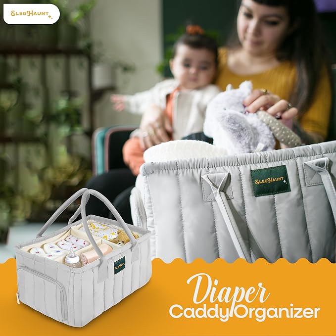 Large Diaper Caddy Organizer with Handle – Baby Basket for Nursery, Car, and Changing Table – Portable Baby Storage with Compartments – Perfect for New Parents and Baby Shower Gifts (Gray)