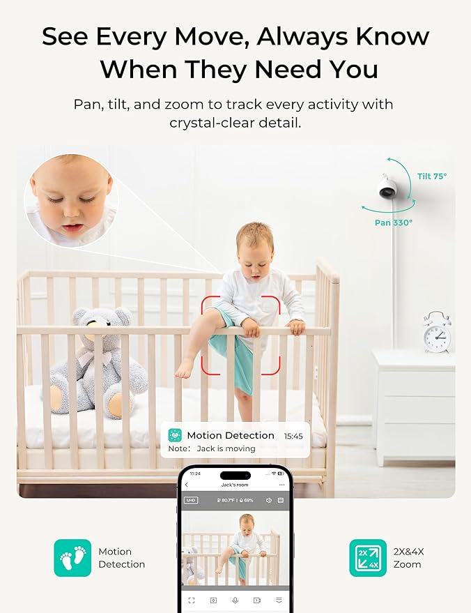 Dr.Care VistaView Lite Smart WiFi Baby Monitor with 2 Cameras- 4” 720P Split Screen & 1080P Camera App Control, Motion Alerts, HD Night Vision, 2-Way Talk, Triple Security, Video Recording