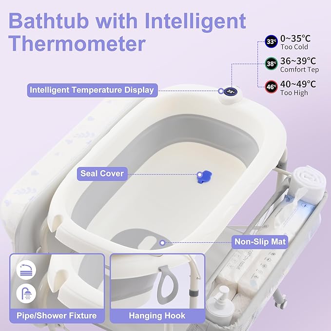 2-in-1 Baby Bathtub with Changing Table, Foldable Diaper Changing Station with 4 Wheels, Waterproof Pad, Storage Rack and Baby Bath Tub, Adjustable Height Portable Nursery Organizer for Newborn Infant