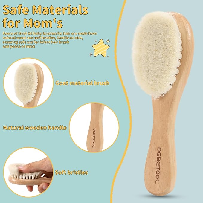 Baby Hair Brush - 2-Pack Wooden Baby Brush with Soft Bristle，Gentle Infant Hair Brush for Newborns & Toddlers，Ideal for Cradle Cap