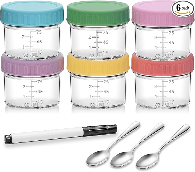 Accguan 6 Pack Glass Baby Food Storage Containers, 4 oz Baby Food Jars with Lids, Baby Food Maker for Microwave & Dishwasher Freezer Safe,BPA Free