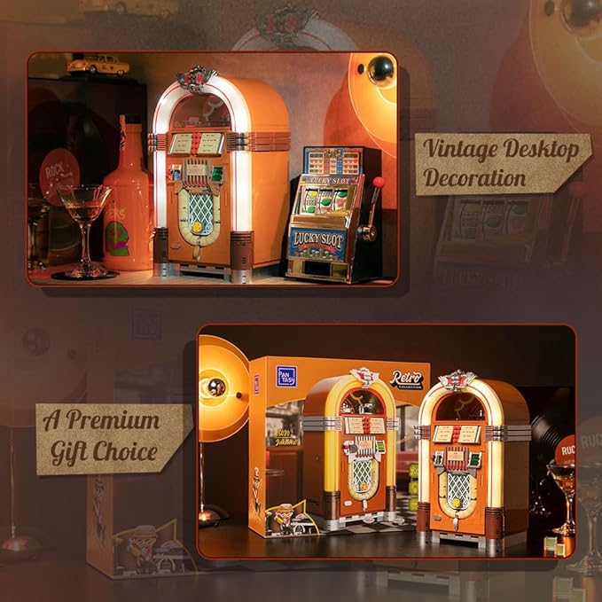 PANTASY Retro Jukebox Building Kit with Coin & Sound Function, Mechanical Music Box Model with Acrylic Records, Recording Studio & Minifigure, Collectible Construction Toy Gift for Adults and Teens