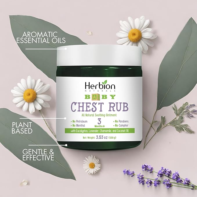 HERBION Naturals Baby Chest Rub, Ages 3 Months+, All-Natural Soothing Ointment with Coconut Oil, Eucalyptus, Lavender, Chamomile, Shea Butter, Petroleum & Menthol-Free, Non-GMO, 10.59 Oz, Pack of 3