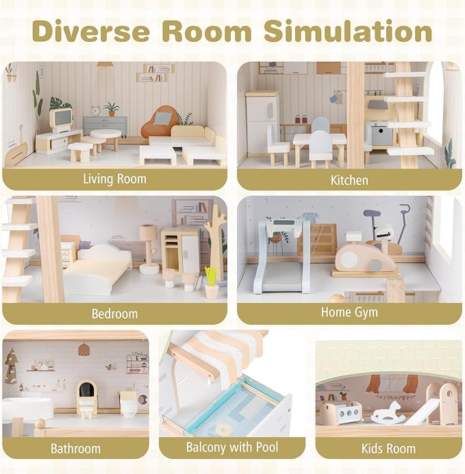 Costzon Wooden Dollhouse, Kids DIY Pretend Playhouse w/ 33 PCS Furniture Accessories, Modern Family Play House Toy w/Balcony, Pool for Girls & Boys Ages 3+ Years Old