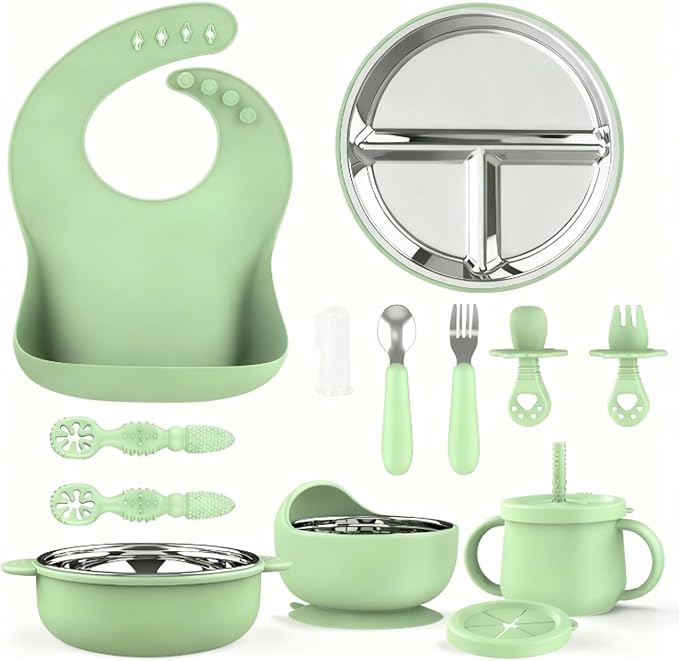 13 Pack Silicone Baby Feeding Set, BPA-Free Toddler Feeding Supplies, Include Suction Plates, Baby Bowls, Silicone Fork & Spoon, and More, First Stage Baby Dish Set - 6+ Months