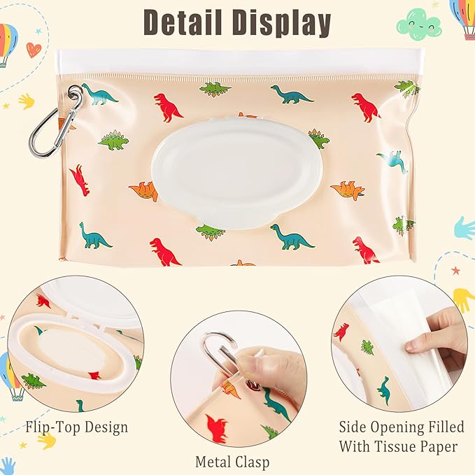 FEBSNOW 2 Pack Baby Wipes Dispenser, Portable Refillable Wipe Holder Baby Wipes Container Travel Wipes Case Reusable Wet Wipes Pouch (Dinosaur, Car)