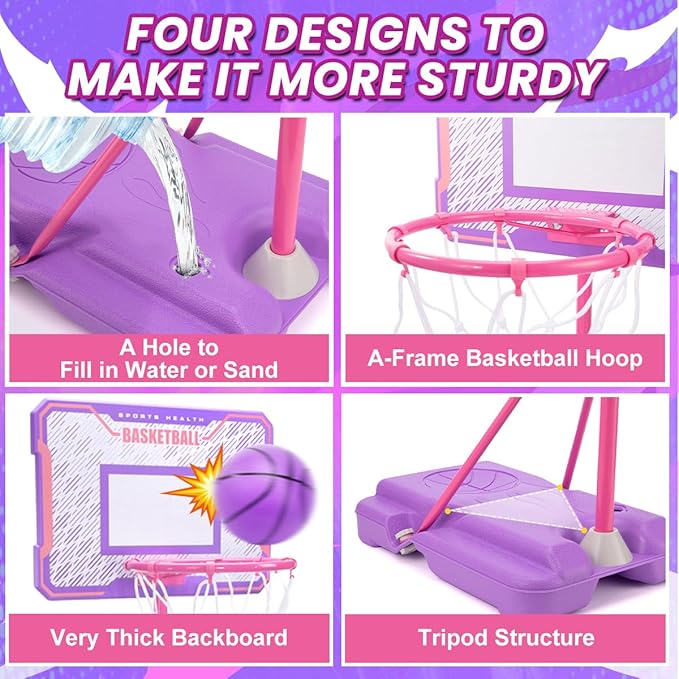 Meland Kids Basketball Hoop, Pink Basketball Hoop for Kids Toddler Basketball Hoop Outdoor & Indoor with Dart Board, Adjustable Height 3.4-6.2FT Birthday Gift Toys for Girls 3 4 5 6 7 8 Years Old