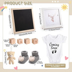 9 Pcs Pregnancy Announcement Set Pregnancy Reveal Ideas Felt Letter Board Baby Bodysuit Booties Photo Frame Bear Plush Wood Blocks for Coming Soon Baby Announcement(Black)
