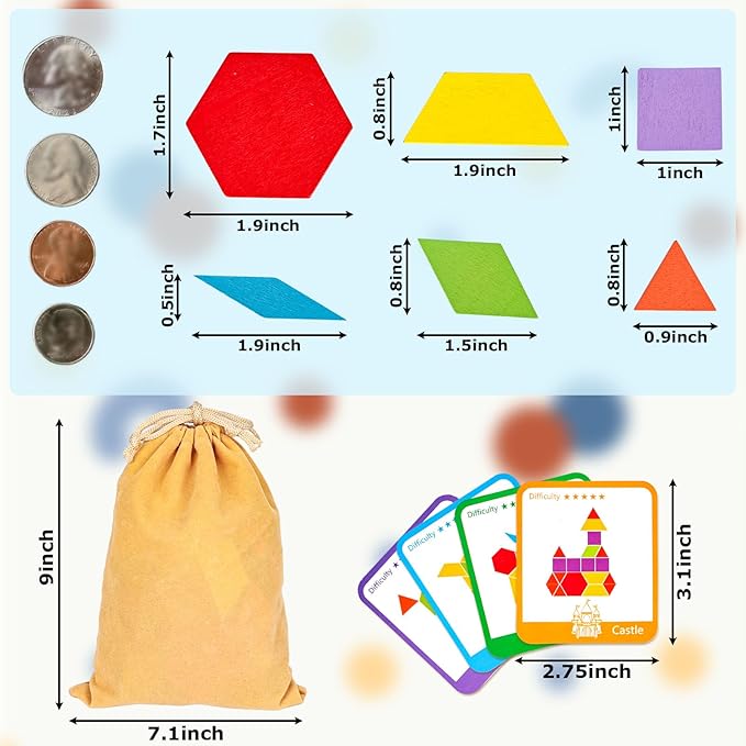 LovesTown 209 PCS Shapes Wooden Pattern Blocks for Kids,Geometric with Activity Cards and Storage Bag, Educational Tangram Puzzles,Great Learning Gift from Parents or Teachers