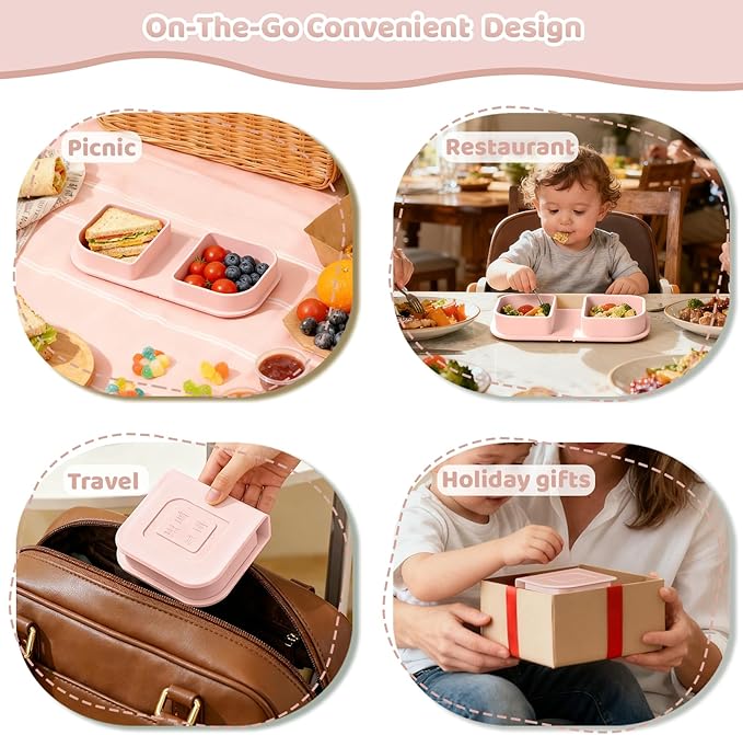 Traval Silicone Foldable Feeding Set, On-the-Go Baby Feeding Supplies Including Toddler Plates, Silicone Baby Spoon&Fork, Adjustable Foldable Bib, Portable Infant Toddler Utensils, Pink