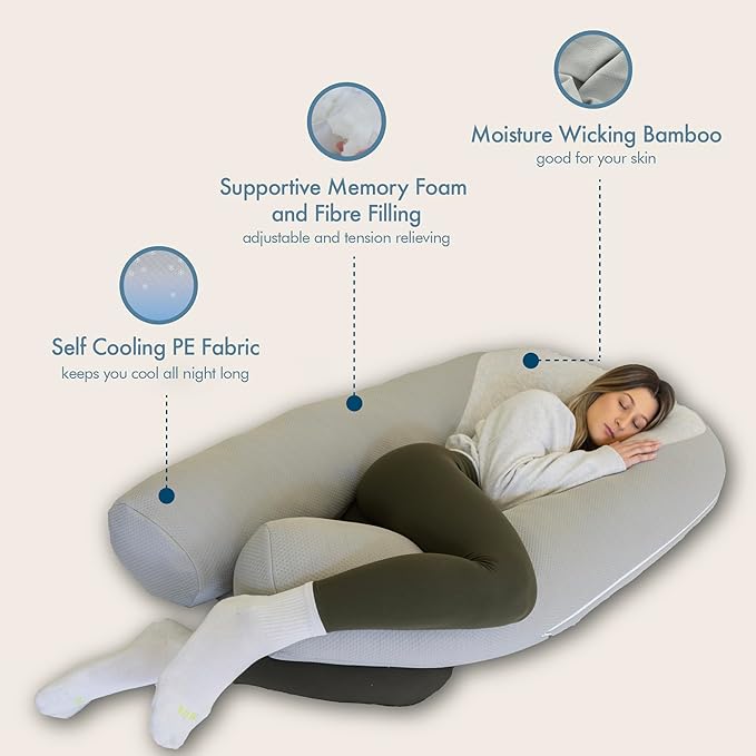 Plufl Hugl Cooling Body Pillow for Adults Made with Memory Foam | U Shaped Maternity Pillows Great for Side Sleepers & Pregnant Women | Washable Cover | Grey