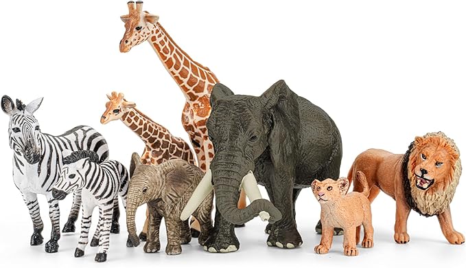 8PCS Safari Zoo Animals Figurines Toys, Realistic Plastic Jungle Animal Figures, Includes Lion,Elephant,Giraffe,Zebra, African Wild Animals, Educational Learning Playset for Kids