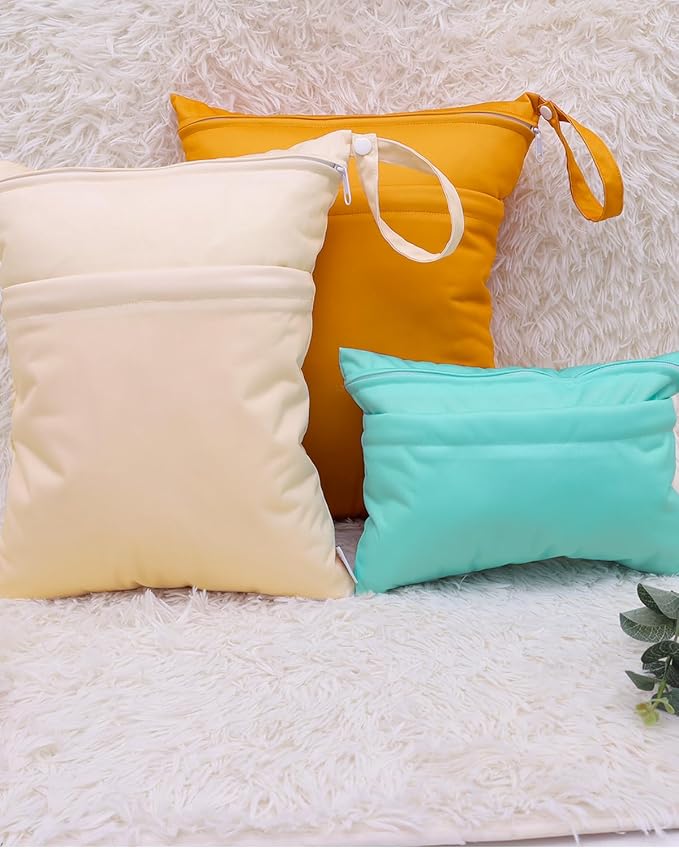 ALVABABY 3 Cloth Diaper Wet Dry Bags Waterproof Reusable with Two Zippered Pockets Travel Beach Pool Daycare Soiled Baby Items Yoga Gym Bag for Swimsuits or Wet Clothes Small medium Large 3L-SML03