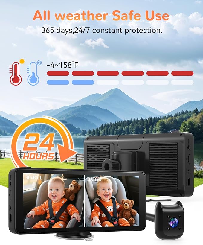 Dual Car Camera Baby Monitor with 6.9" Split Screen-1080P HD Carseat Camera for 2 kids with 360° Full Rotation-Night Vision, Auto-detail Enhancement, 2 Power Ways, Easy Install, for Twins & Siblings