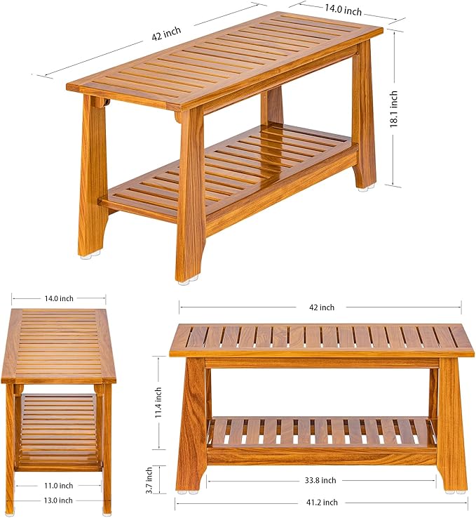 NNN 42" Commercial Teak Shower Bench - 8 Non-Slip Leveling Feet & 350 lbs Capacity | Rock-Solid Stability for Seniors & Spa Safety | Waterproof Design for Saunas/Outdoor Pools (Patented)