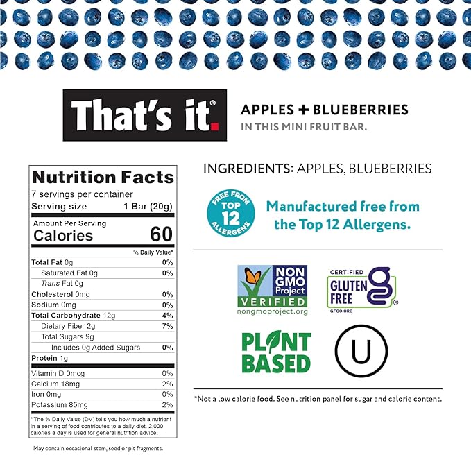 That's it. Mini Fruit Bars (Variety 35 Pack) No Sugar Added, Plant-Based, Vegan & Gluten Free, Breakfast Bar, Paleo, for Children & Adults, Non GMO, Fiber (7 Blueberry, 7 Cherry, 7 Fig, 7 Mango, 7 Strawberry)