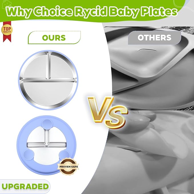 3-Pack Stainless Steel Baby Plates with Suction, BPA-Free Stainless Steel Kids Plates, 9” Divided Toddler Plate for Dishwasher Safe, Non-Slip Silicone Base, Detachable Design (Blue, Gray, Green)