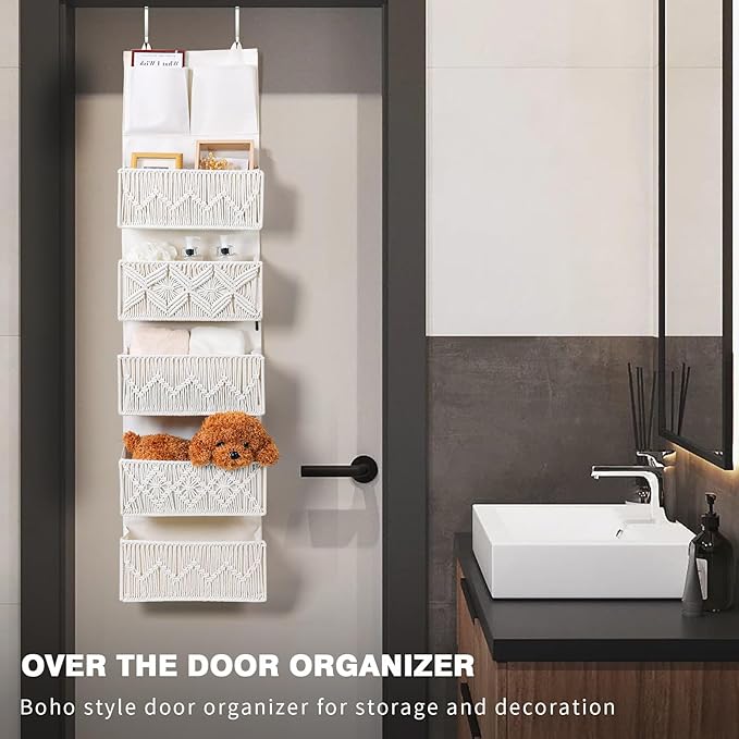 ANTIS'S HOME Over the Door Organizer Macrame Boho Nursery Storage with 5 Large Woven Pockets, Hanging Closet Basket for Bathroom or Nursery, Behind the Door Storage Organizer