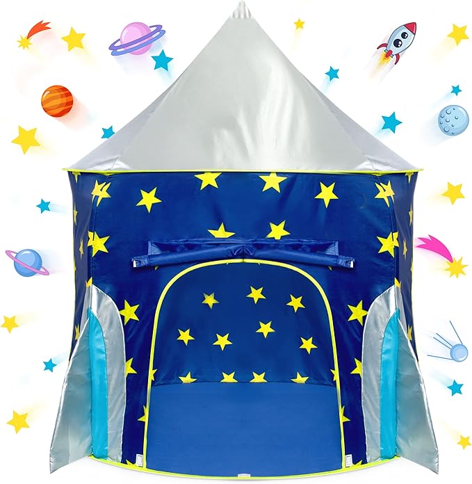 USA Toyz Rocket Ship Pop Up Kids Tent - Spaceship Rocket Indoor Playhouse Tents for Boys and Girls with Included Space Projector Toy and Storage Carry Bag