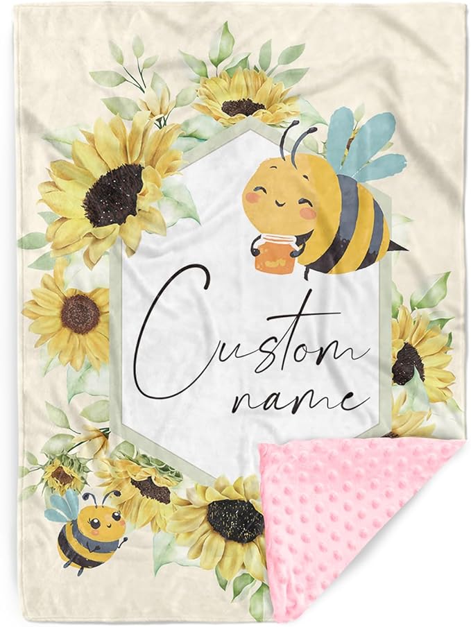 Personalized Newborn Blanket – Soft Flannel Receiving Swaddle with Double-Layer Dotted Backing – Bee and Yellow Flower Design