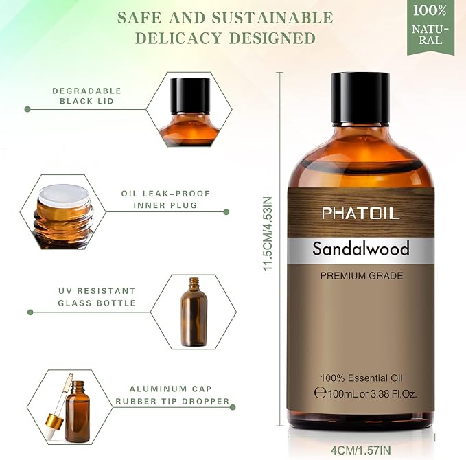 PHATOIL 3.38FL.OZ Sandalwood Fragrance Oils for Aromatherapy, Essential Oils for Diffusers for Home, Perfect for Diffuser, Yoga, Skin Care, DIY Candle and Soap Making - 100ml