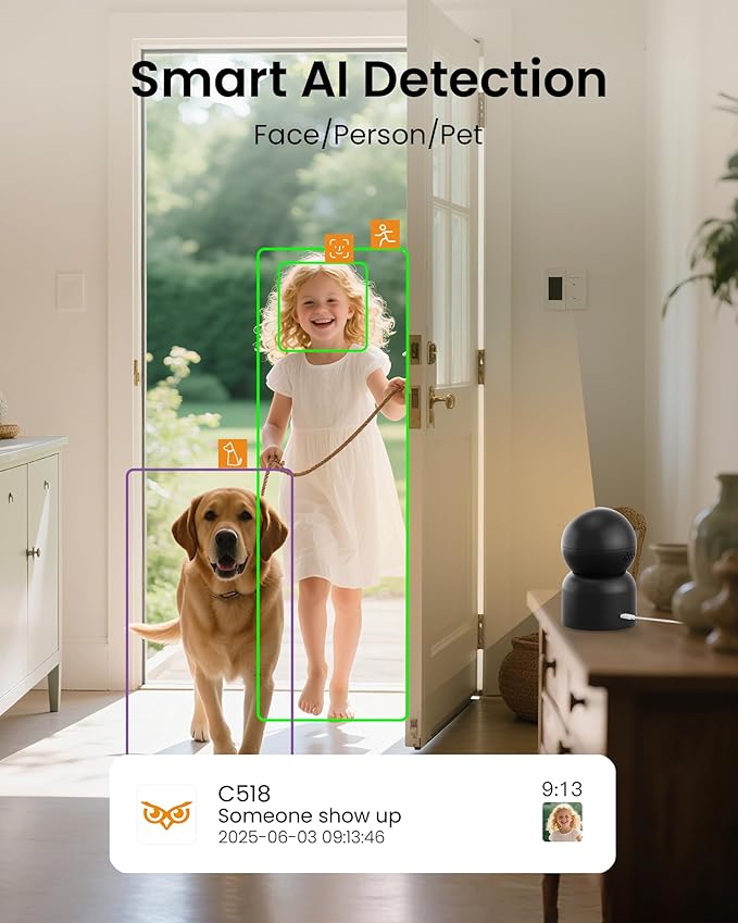 Anlapus C518 4K Pan/Tilt Home Indoor Security Camera, Plug-in WiFi Pet/Baby Monitor with One-Touch Call, AI Human/Pet/Face Tracking, 2.4/5 GHz, Two-Way Talk, Night Vision, 64G Memory Card Storage