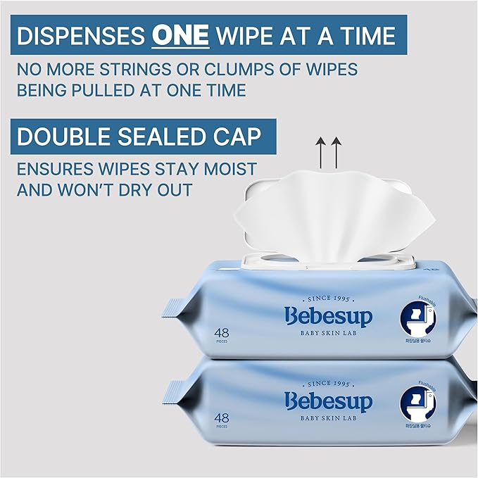 BEBESUP- Korea’s #1 Flushable Wipes- 100% Plant-Based Hypoallergenic Biodegradable 99% Water-Based Extra-Thick Organic Wipes Unscented for sensitive skin Flip-Top 432 Count (9 Packs)