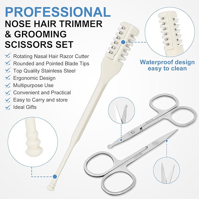 6 PCS Nasal Hair Cutter & 2 PCS Facial Hair Small Grooming Scissors for Men Women - Double-Sided Nostril Hair Remover Tool with 360° Rotating Blade, Nose Hair Trimmer & Eyebrow Scissors