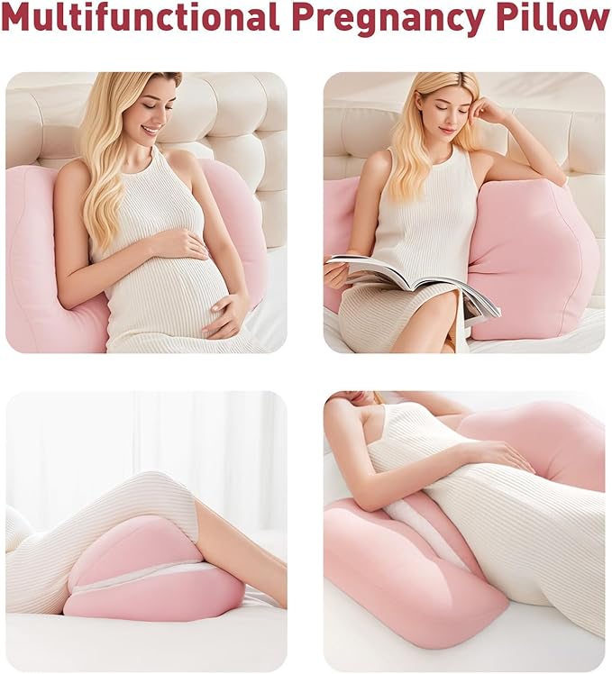 Pregnancy Pillow, Portable Maternity Pillow for Pregnant Women, Travel Wedge Pillow for Side Sleeper, Relief Body Pillow Support for Back, Belly, Waist, Removable & Adjustable Cover, Pink