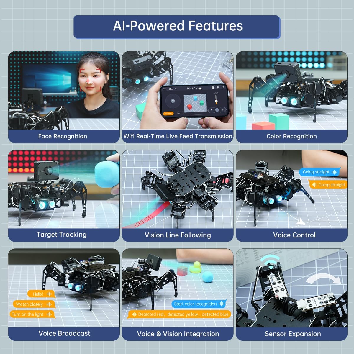 18DOF Hexapod Robot for Arduino Programming, Spider Walking Crawling Self-Balancing AI Vision Voice Control Obstacle Avoidance, STEM Education Open Source Robot with Tutorials, miniHexa Standard Kit