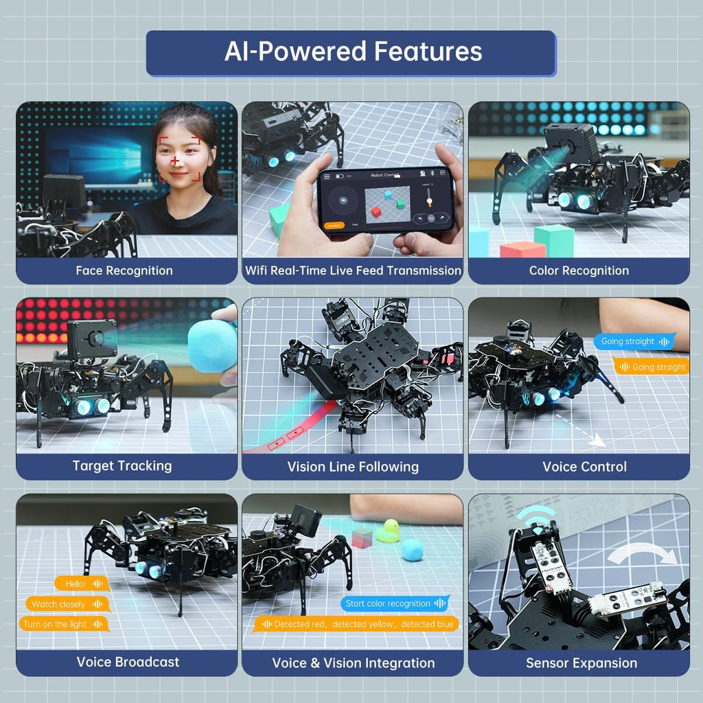 18DOF Hexapod Robot for Arduino Programming, Spider Walking Crawling Self-Balancing AI Vision Voice Control Obstacle Avoidance, STEM Education Open Source Robot with Tutorials, miniHexa Advanced Kit