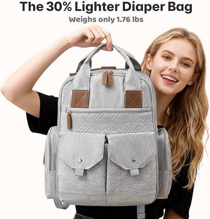 Diaper Bag Backpack - Large Diaper Bag with Portable Changing Pad as Baby Shower Gifts, Lightweight Waterproof Unisex Travel Baby Bag with 4 Insulated Pockets and Stroller Buckles, Light Grey