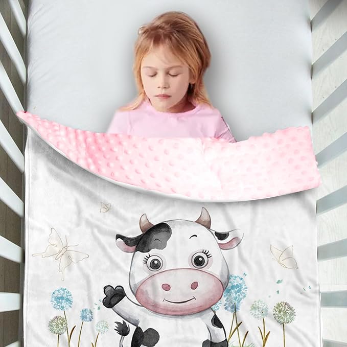 Personalized Baby Blanket for Boys, Custom Name Baby Blanket with Cars, Soft Flannel with Double Layer Dotted Backing, Receiving Swaddle Blankets for Infants and Toddlers, Cow Design