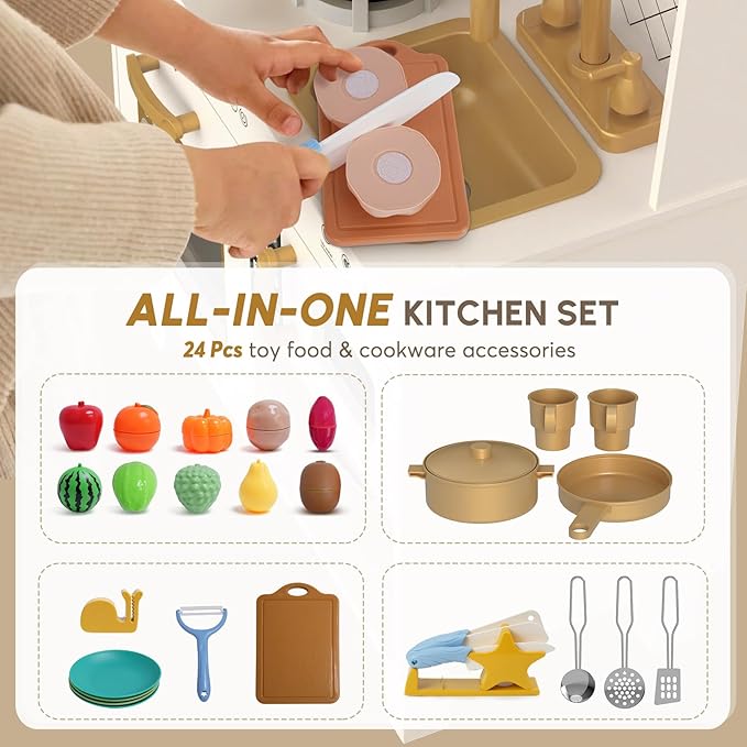 BIERUM Play Kitchen with Realistic Lights & Sounds, Wooden Kitchen Playset Chef Pretend Play Set for Toddlers, Toy Kitchen with 26 Pcs Toy Food & Cookware Accessories, Gift for Ages 3+