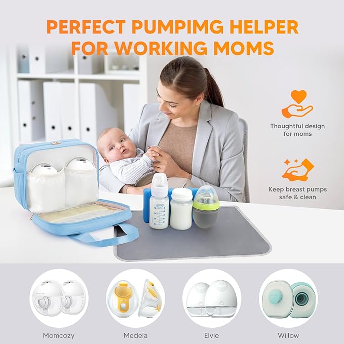 PIIOSER Breastmilk Cooler Bag with Ice Pack, Compatible with Wearable Breast Pumps & Accessories - Portable Pumps Carrying Case for Nursing & Working Moms, Blue