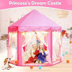 Princess Castle Tent with Rug for Girls Fairy Play Tents for Kids Hexagon Playhouse with Fairy Star Lights Toys for Children or Toddlers Indoor Games (Pink Princess Tent with Rug)