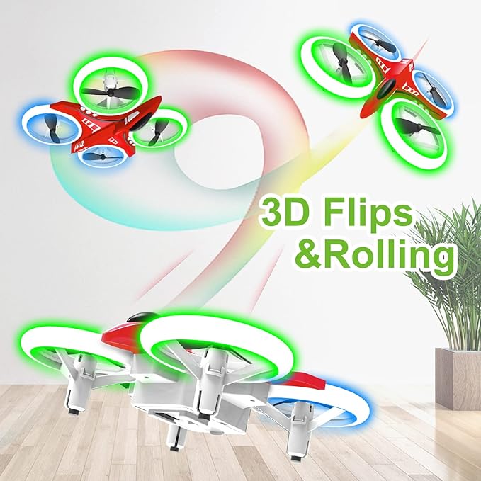 Dwi Dowellin 4.9 Inch Mini Drone for Kids Crash Proof LED Lights One Key Take Off Landing Flips RC Remote Control Small Drones Toys for Beginners Boys and Girls Adults Nano Quadcopter, Red