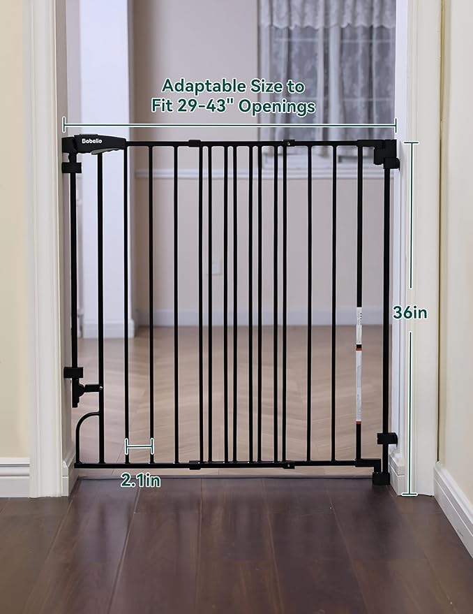 Babelio Easy to Remove & No Bottom Bar Baby Gate, 29-43", 36" H Extra Tall Hardware Mounted (Drill Needed)| Wide Walk-Thru| Auto-Close Safety Dog/Pet Gate for Stairs & Doorways (Black)