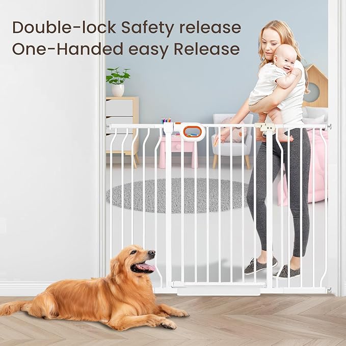 owlie 37.4" Extra Tall Wide Baby Gate for Stairs Doorways,47-57 Inch Extra Large Long Baby Gate with Door Indoor Safety Metal Pressure Mounted Pet Gate with Walk-Thru Auto Close, White