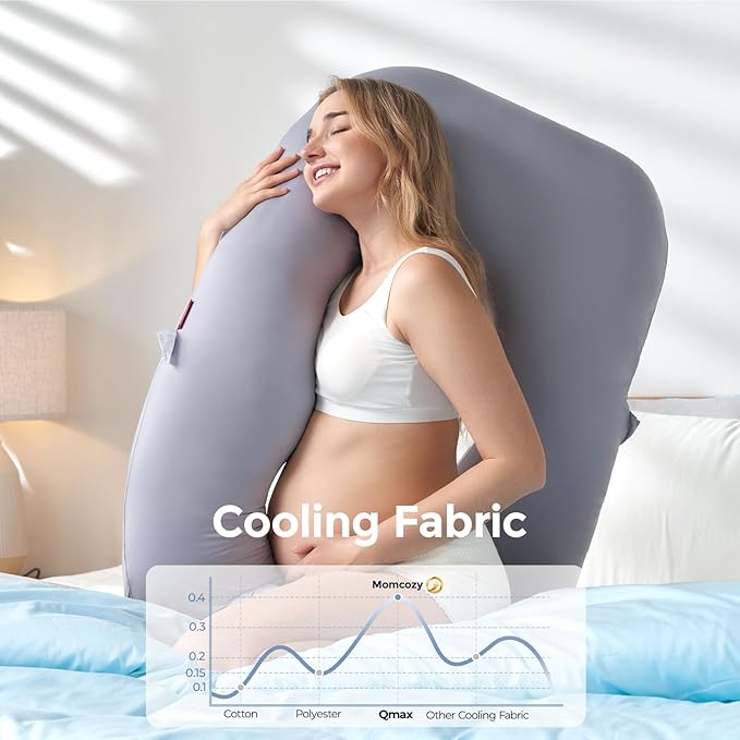 Momcozy Pregnancy Pillow with Cooling Cover, Dreamlign U Pro Maternity Pillow with Adjustable Leg Pillow - Support for Back, HIPS, Belly, Legs for Pregnant Women, 50-72 Inch Full Body Pillow, Grey