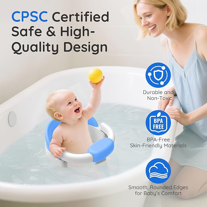 Baby Bath Seat Baby Bathtub - with Strong Suction Cups and 360° Surround Support – Easy Release, Non-Slip Cushion, Lockable Armrests – Infant Bath Chair for Babies 6-24 Months, Blue