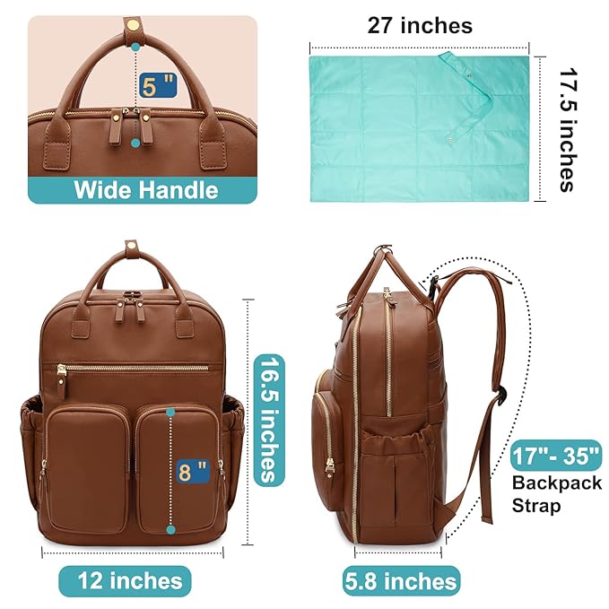 MOMINSIDE Diaper Bag Backpack, Leather Baby Bag with 18 Pockets, Diaper Backpack for Women Mom, Travel Baby Bag for Girl Boy, Large Wet Pocket, 4 Insulated Pockets, Stroller Straps, Brown